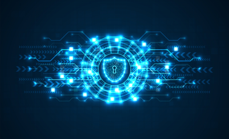 Símbolo visual: llavero cerrado dentro de un círculo con líneas azules y destellos representando la privacidad y protección de datos.